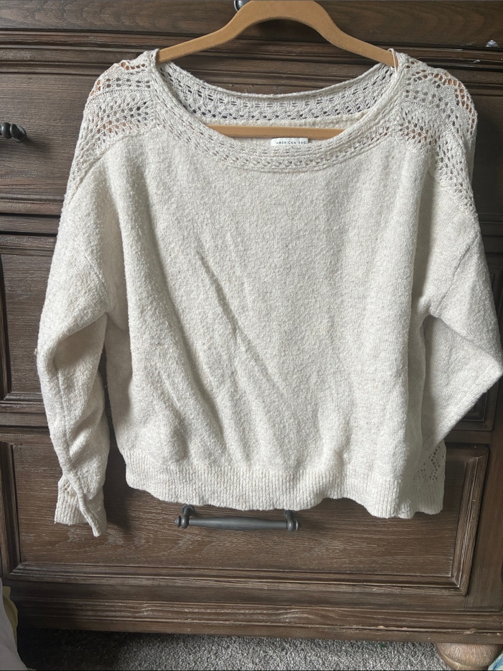 American Eagle Outfitters Cream Crochet-Yoke Scoop Neck Sweater